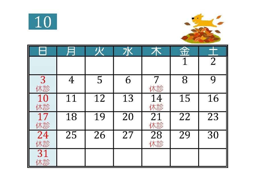 10月の診療予定です